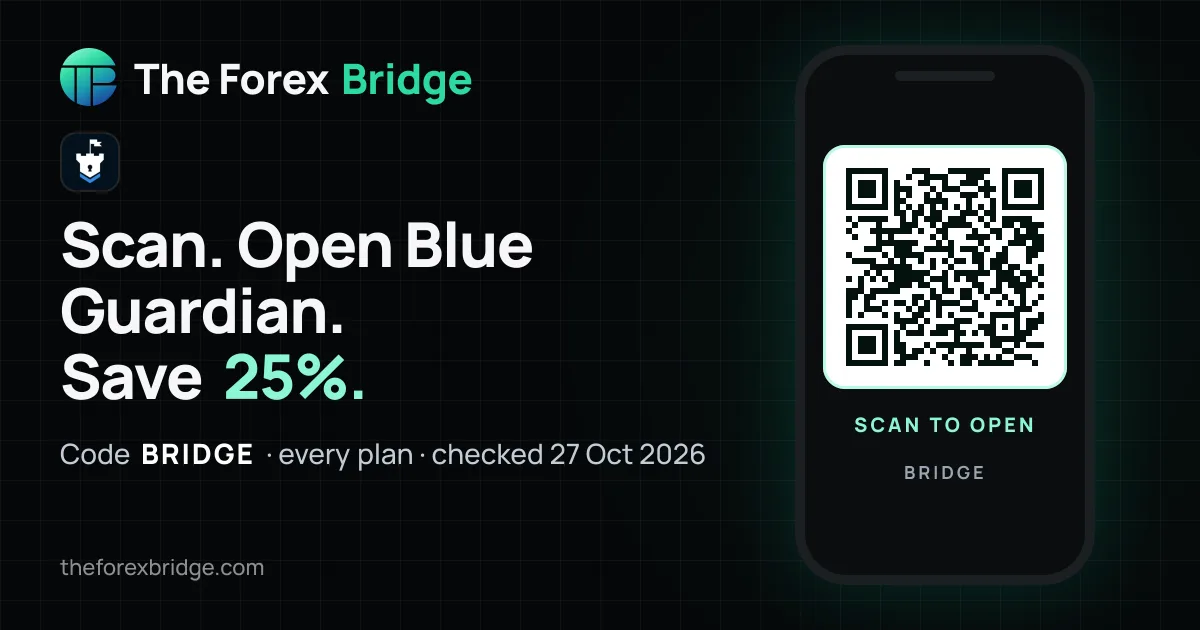 Blue Guardian coupon code BRIDGE: 25% off, with a QR code that opens Blue Guardian