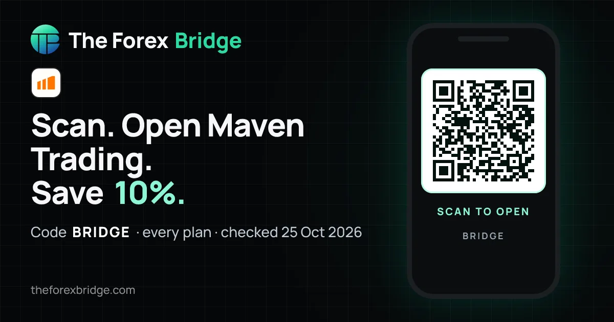 Maven Trading coupon code BRIDGE: 10% off, with a QR code that opens Maven Trading